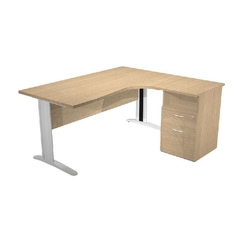 BUREAU COMPACT PRONTO MÉTAL - RETOUR À DROITE L.160 X P.100 CM - PLATEAU CHÊNE - PIEDS L ALUMINIUM