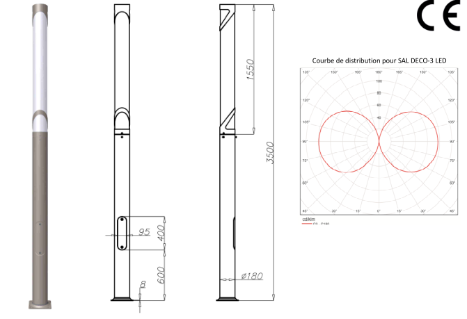 Colonne lumineuse d'éclairage public SAL DECO-3 LED - 56 W - Aluminium anodisé - 3,5 m - IP65 - Température 5000K_0