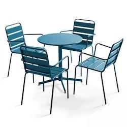 Oviala Business - Ensemble table de terrasse inclinable et 4 fauteuils empilables en acier bleu pacific - Traitement époxy anti-rouille_0