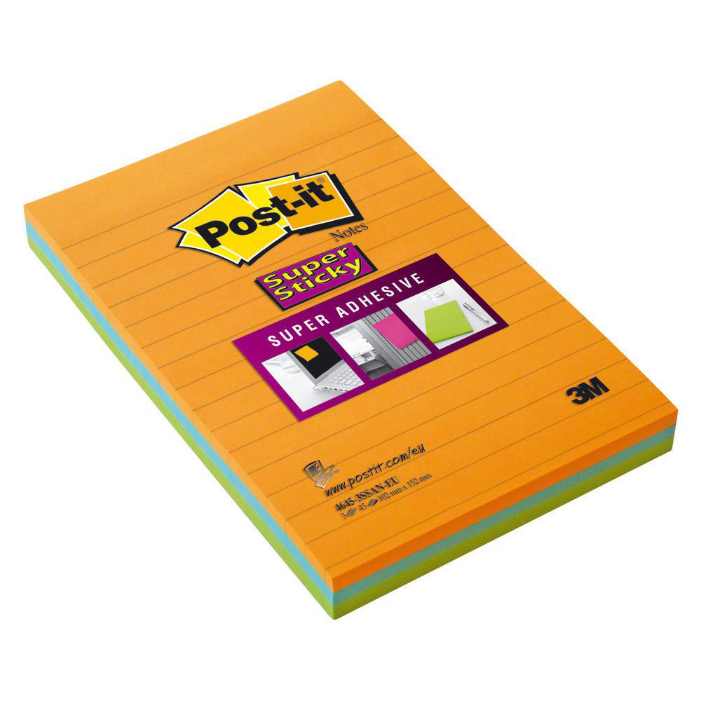 NOTES POST-IT SUPER STICKY LIGNEES - GRAND FORMAT 10,2 X 15,2 CM - COLORIS NEONS ASSORTIS - LOT DE 3 BLOCS DE 45 FEUILLES