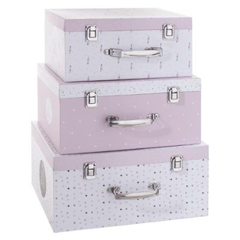 Set de 3 boîtes de rangement malles roses - Paris Prix - métal & carton, imprimé à pois_0