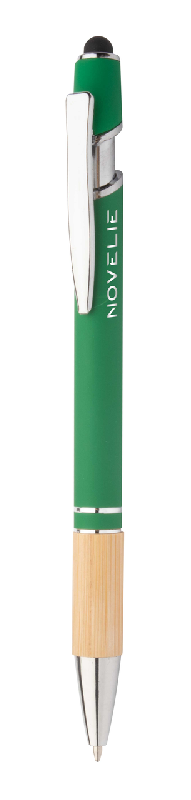 Stylo à bille stylet en aluminium - Embase en bambou - Finition caoutchoutée - Gravure laser miroir - Encre bleue_0