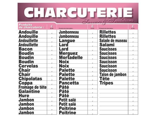 TABLEAU AFFICHAGE TARIF CHARCUTERIE