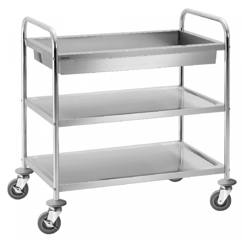 Chariot de service 3 niveaux, 1 bac, en acier au nickel chrome, à monter_0