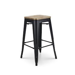 Kosmi Tabouret de bar en métal noir mat style industriel et assise en bois clair - Hauteur 66 cm - noir 3760301697206_0