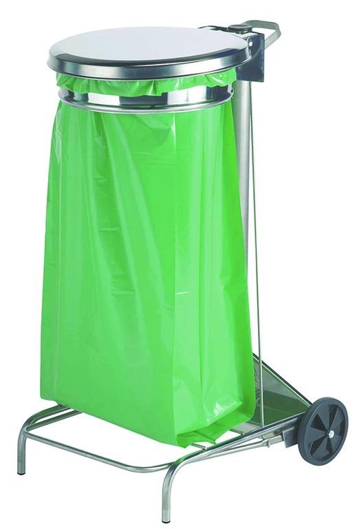Support à pédale pour sac poubelle 110 L - avec roues - inox résistant à la corrosion - léger et maniable_0