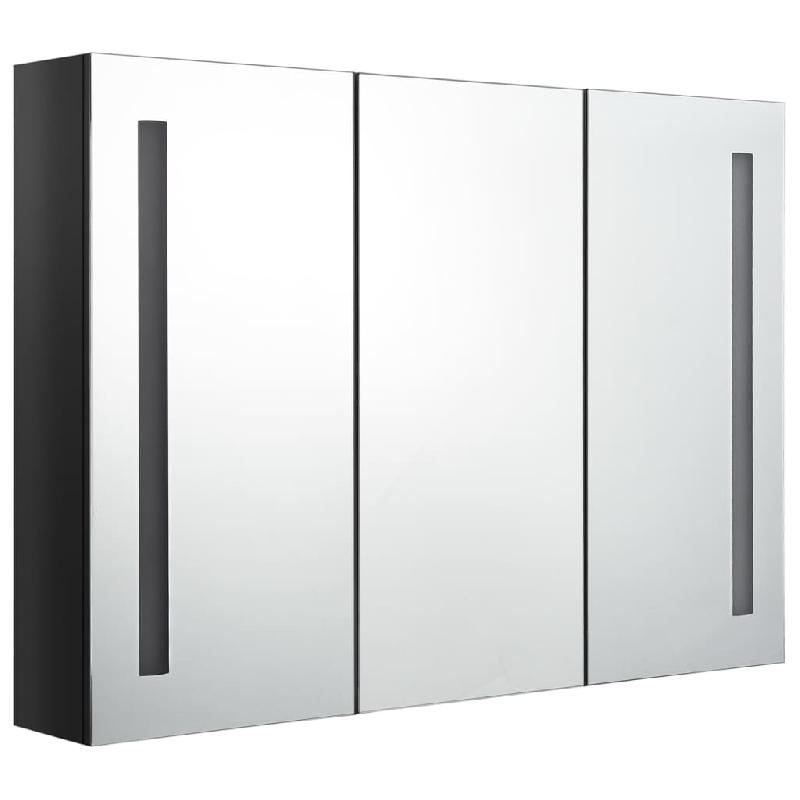 Armoire de salle de bain à miroir LED - 89 x 14 x 62 cm - Noir brillant avec 3 portes et 5 étagères_0