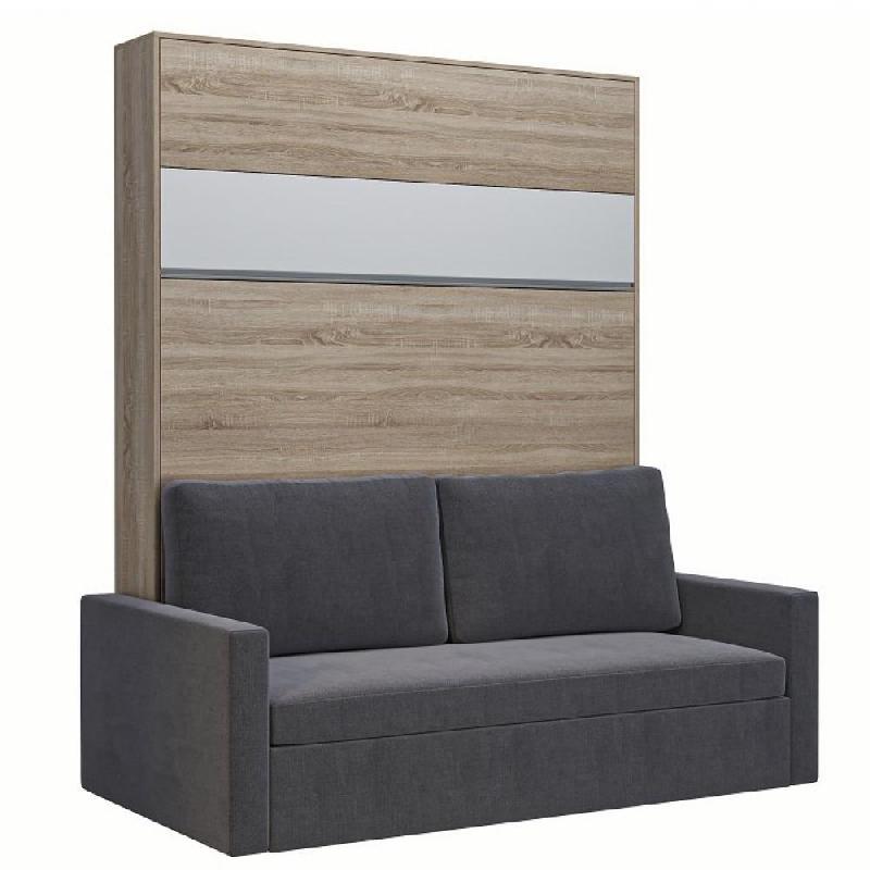 Armoire lit escamotable DJUKE SOFA - Chêne bandeau blanc mat - Canapé gris 160x200 cm avec coffre_0