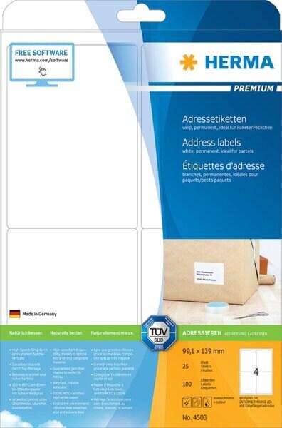 HERMA 400 étiquettes blanches Premium, format 99,1 x 139 mm (100 feuilles A4 / cdt) - 4250_0