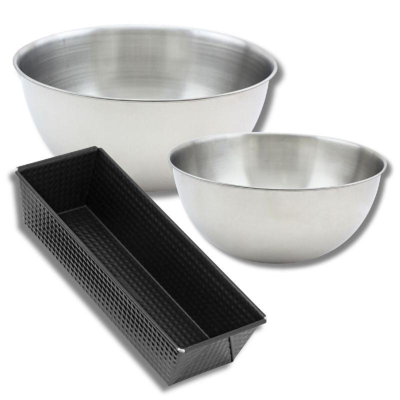 Lot de pâtisserie avec 1 Moule à Cake 30,5 cm, 1 spatule Zenker et 2 bols à mixer en inox Fackelmann - noir multi-matériau 3176239936339_0