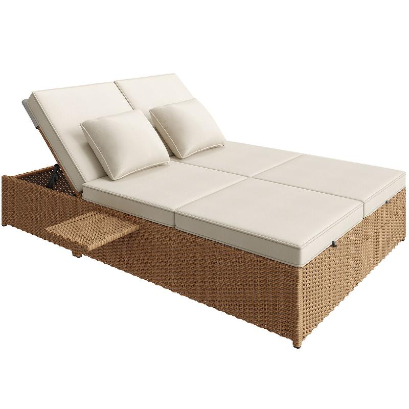 Merax daybed jardin en rotin 2 en 1, double bain de soleil et canapé 3 places, tablette, beige - beige multi-matériau HW25004AAG_0