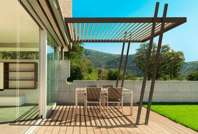 Pergola bioclimatique OCCLUS - Aluminium - Design épuré avec double pilier incliné - Gestion climatique automatisée_0