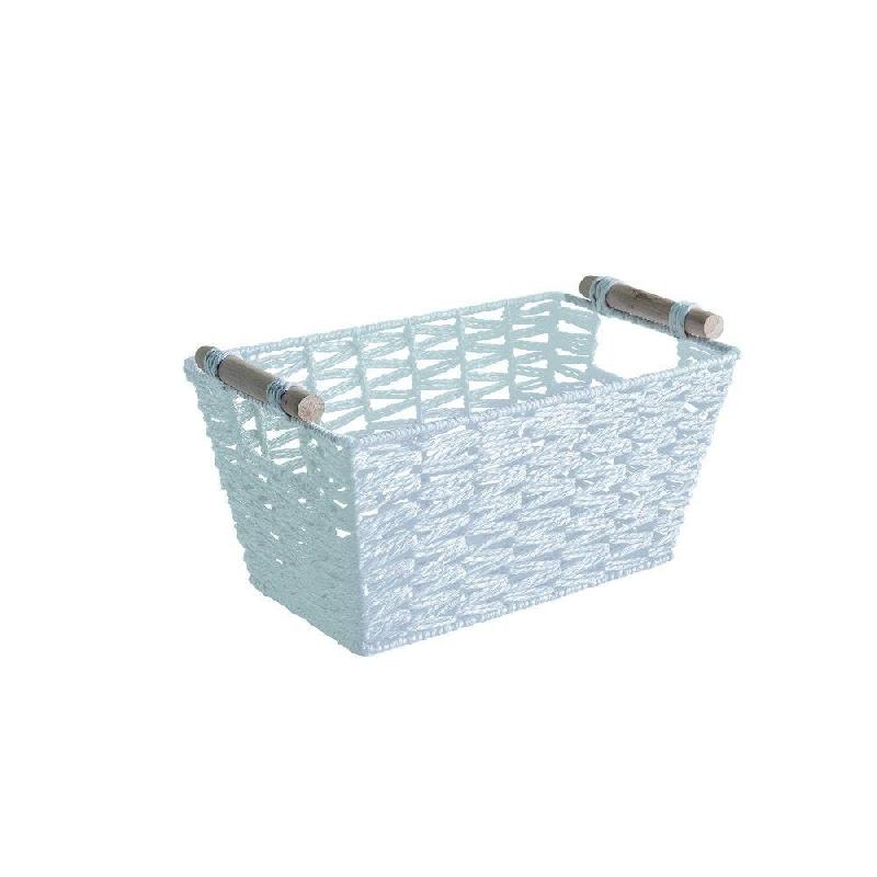 Panier rectangle blanc avec anses en bois - L.29xP.14xH.18cm - Papier tressé, poignées bois renforcé_0