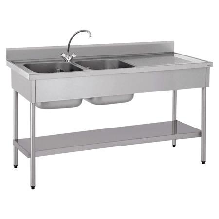 Plonge inox adossée - 2 bacs 600x500x320 mm - 1 égouttoir à droite - 1900x700x900 mm avec étagère_0