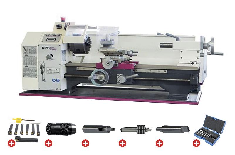 Tour à métaux d'établi hauteur des pointes 125 mm entre-pointes 550 mm alésage 21 mm 1,1 kW 230V avec accessoires Optiturn TU2406V PACK 230V_0
