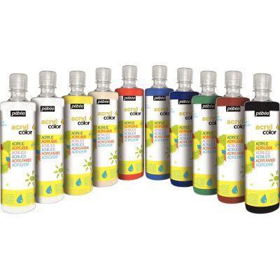 Carton 10 flacons 500 ml de peinture acrylique brillante acrylcolor couleurs standards
