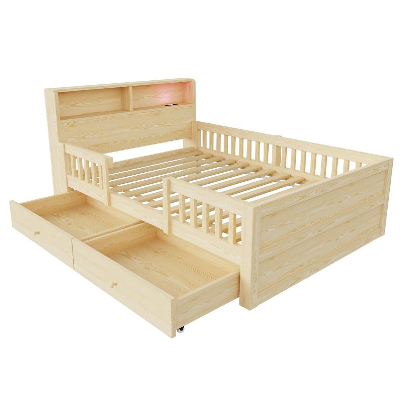 Merax Lit en bois 90x190 cm, lit simple coloris bois avec 2 tiroirs, lampe LED, USB, Type-C, rangement de tête et sommier - multi-matériau LDF00633AAN_0