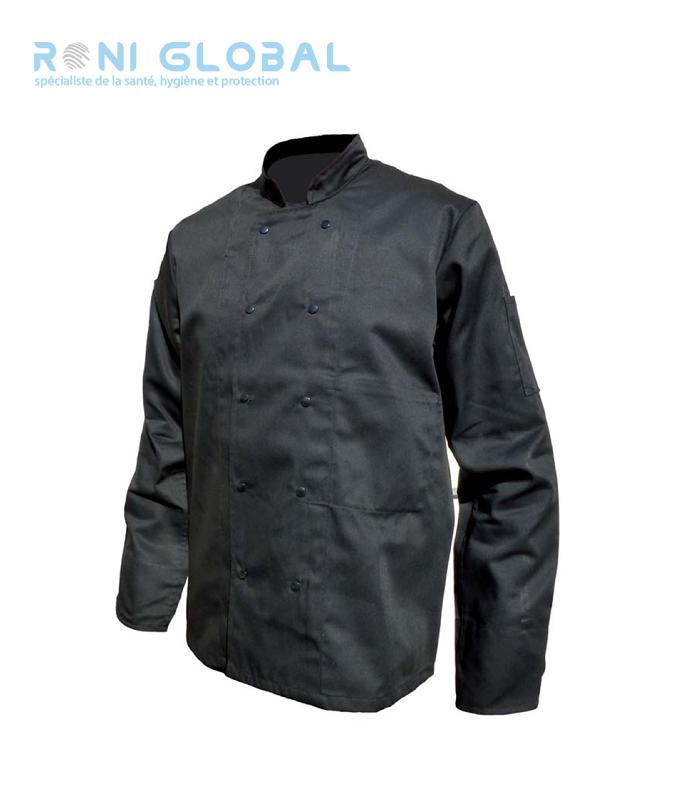 Veste de cuisine manches longues noire - PBV - coton/polyester - double boutonnage et poches pratiques_0