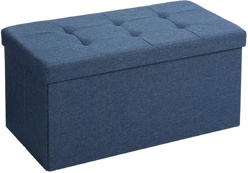 Banc de rangement coffre - Grand pouf pliable 80L - Charge 300 kg - Rembourrage bleu foncé - 12_0000232_0