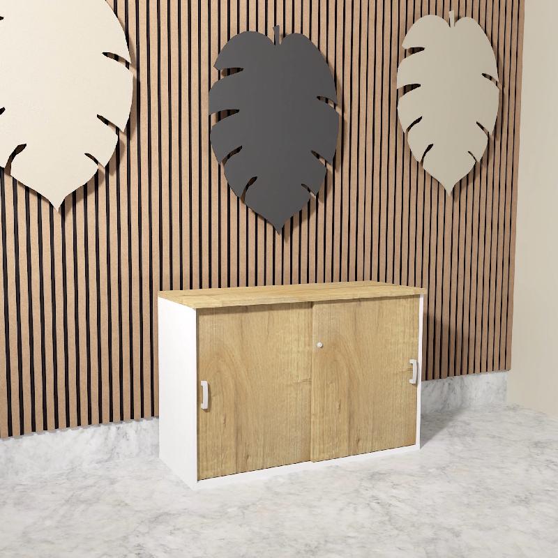 Armoire basse à portes coulissantes Mobel Linea. - 100, Blanc pastel, Chêne veiné_0