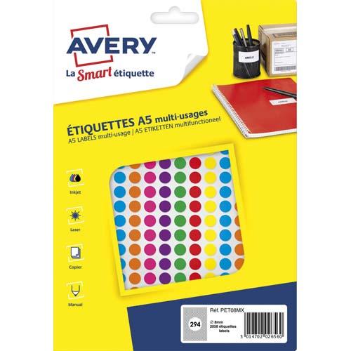 Avery sachet de 2058 pastilles ø8 mm. Imprimables. Coloris assortis._0