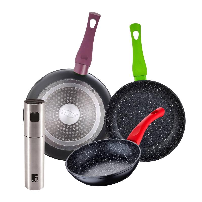 BERGNER - Set de 3 poêles Ø18/22/26cm Jolie en aluminium forgé compatible induction avec pulvérisateur d’huile/vinaigre Ø4x17,5cm en acier inox_0
