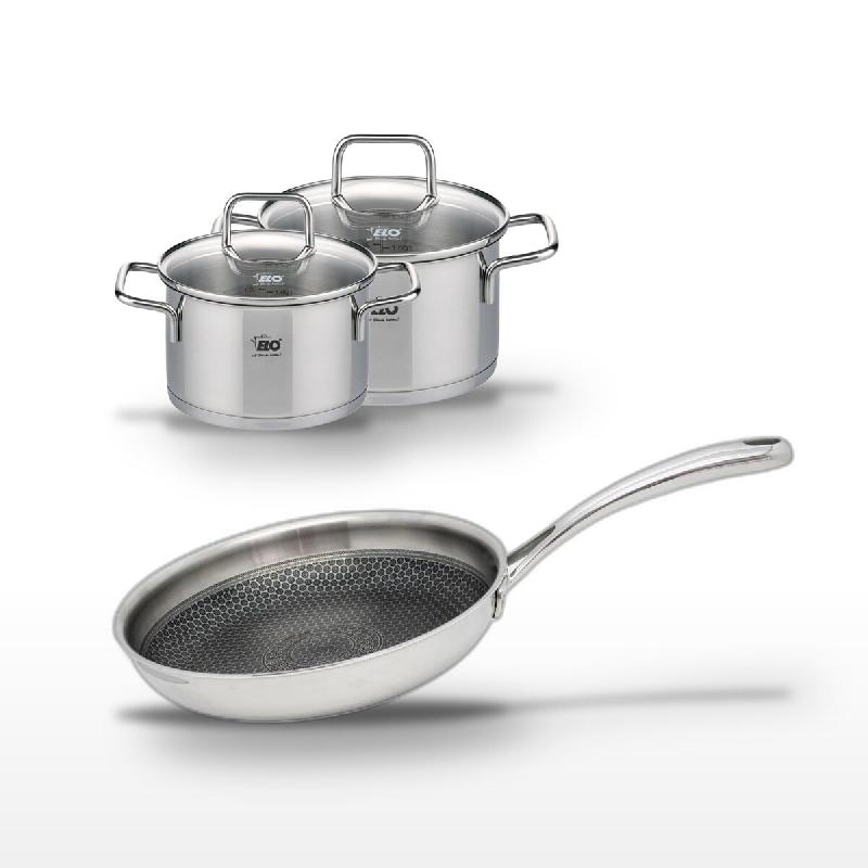 Lot Poêle 28cm Elo Relief Evolution & 2 Faitouts 16/14cm - gris inox 3176239956795_0