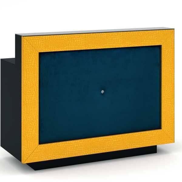 Caisse en stratifié d'accueil - Crocodile Desk FH 2100 - finition or, velours bleu pétrole et strass_0