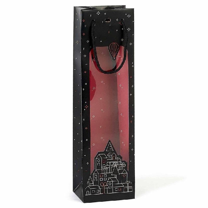 Sac papier 1 bouteille décor village fenêtre PVC int. Rouge 11x9x39cm par 12_0