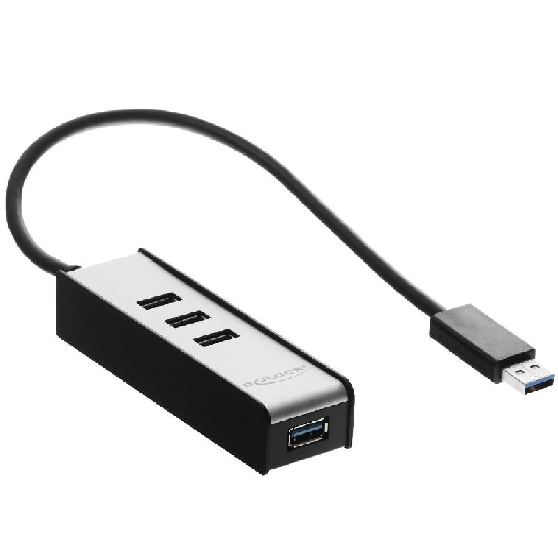 DeLOCK 62534 - Hub informatique USB 3.0, 4 ports, Noir et Argent, câble 0,3m_0