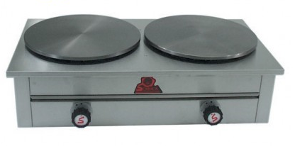 Crêpière double à gaz en inox avec plaques en fonte - Sofraca - 2 brûleurs en étoile et tiroir de propreté_0