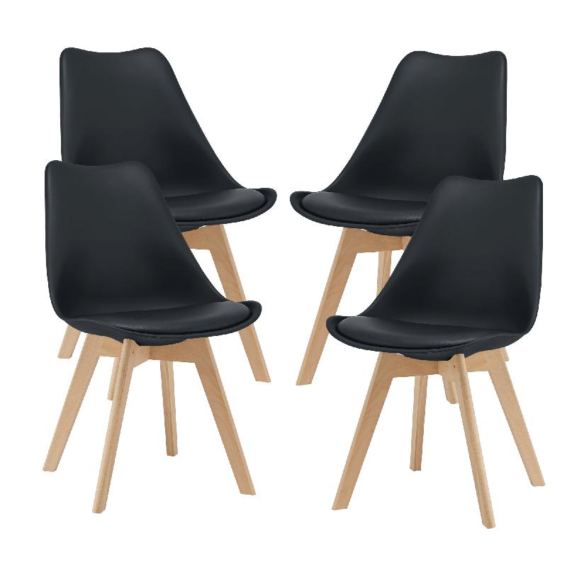 Lot de 4 chaises de salle à manger - design scandinave - similicuir noir - pieds en hêtre massif - 03_0006765_0