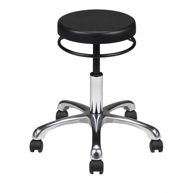 Tabouret technique sur roulettes - Hauteur réglable - Assise en polyuréthane noir - Repose-pieds - Base aluminium poli_0