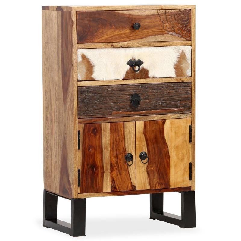Buffet en bois massif de Sesham 86 cm - détails en peau de vache et décoration sculptée à la main_0