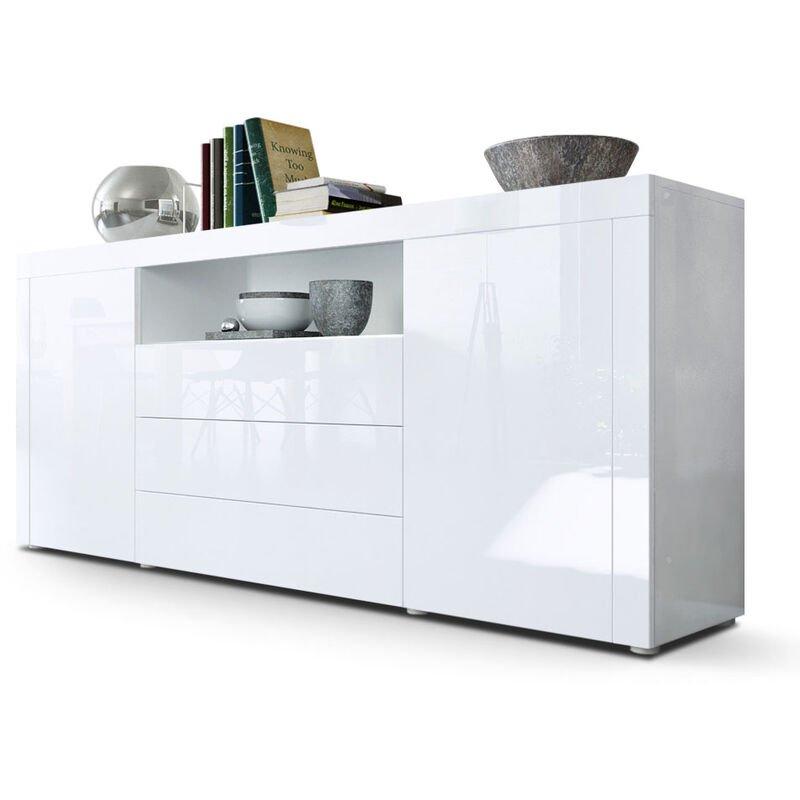 Buffet Dressoir Sylt - Corps Noir Mat / Façades Blanc Brillant Avec Décor Noir - 2 Portes, 4 Tiroirs - Dimensions 139 X 72 X 35 Cm