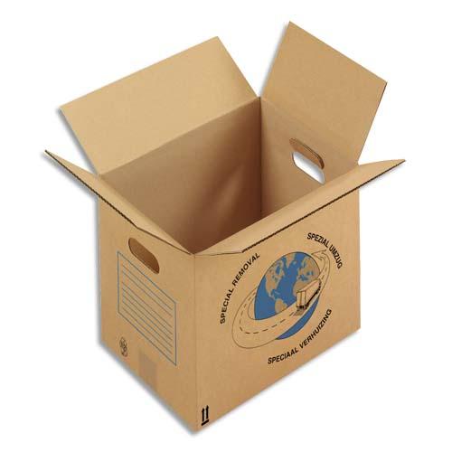 Emballage paquet de 20 caisses déménagement à poignées, carton brun simple cannelure l35 x h30 x p27,5 cm_0