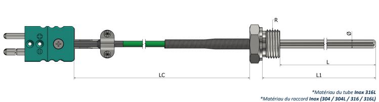 Thermocouple à visser - Raccord fixe avec câble de prolongation et connecteur TR11 - Types K, N, J, T, E, R, S, B - Températures jusqu'à 650°C_0