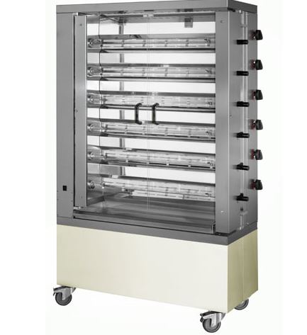 6EG - Rôtissoire verticale à gaz 6 broches pour 36 poulets - MCM - inox sur roulettes - 230V/50Hz - 32 kW - 1098x480x1860 mm_0