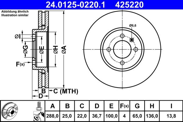 Disque de frein ATE 425220 - ventilé - côté avant_0