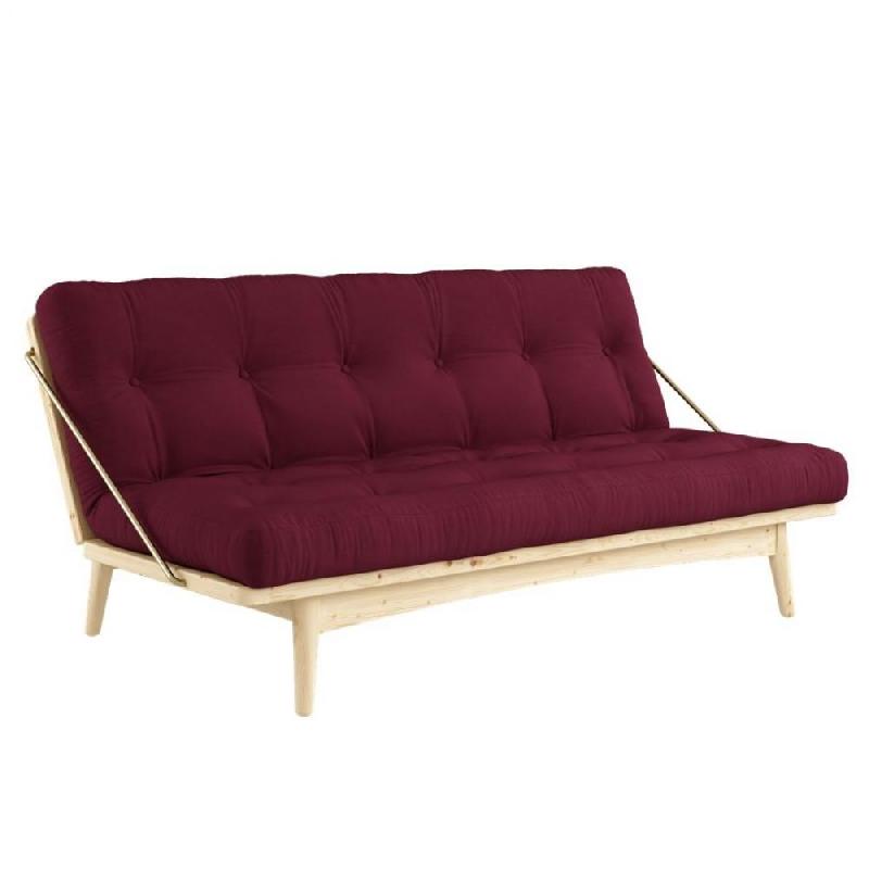 BANQUETTE FUTON FOLK EN PIN MASSIF COLORIS BORDEAUX COUCHAGE 130 X 190 CM._0