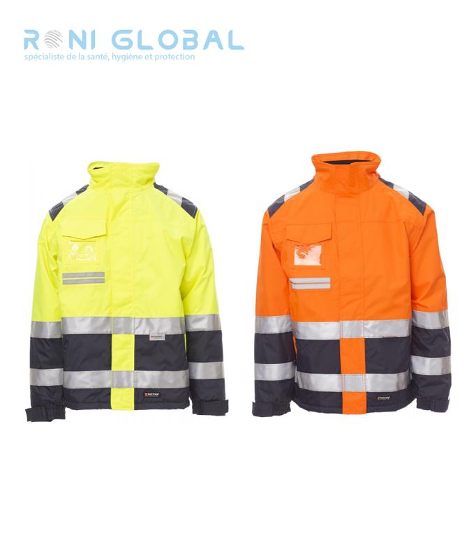 Veste haute visibilité homme en polyester - HISPEED PAYPER - bicolore avec bandes 3M et capuche escamotable_0