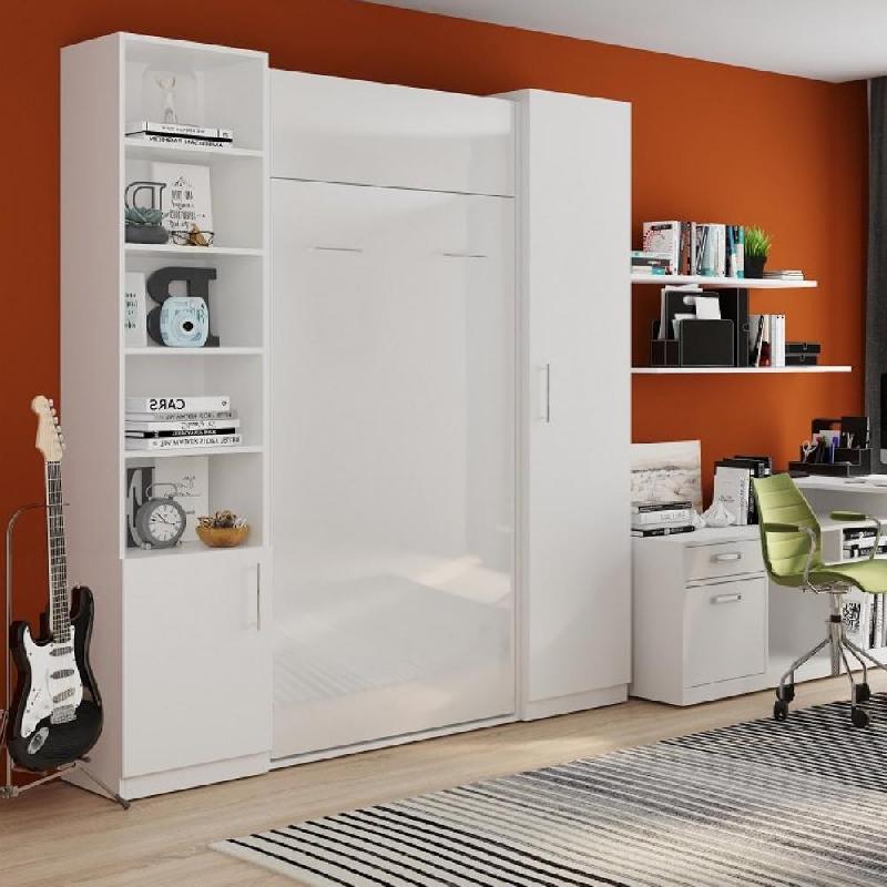 Composition armoire-lit DYNAMO - Façade blanc brillant effet miroir - Rangement blanc mat - Couchage 90x200 cm_0