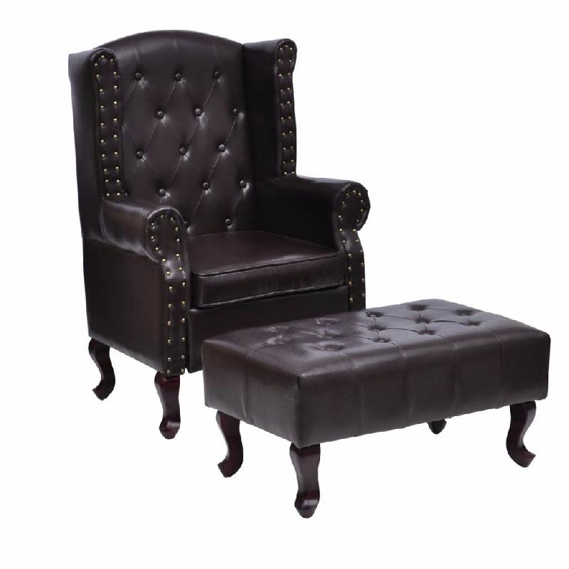 Fauteuil lounge design club en cuir artificiel marron foncé avec repose-pied - Chesterfield antique 1102308_0