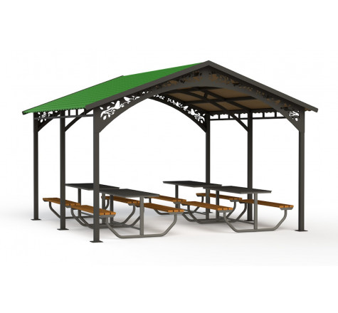Préau couvert avec tables de pique-nique - Structure galvanisée à chaud - Dimensions 400 x 400 x h 300 cm - Toit en shingles ou tuiles bitumineuses_0
