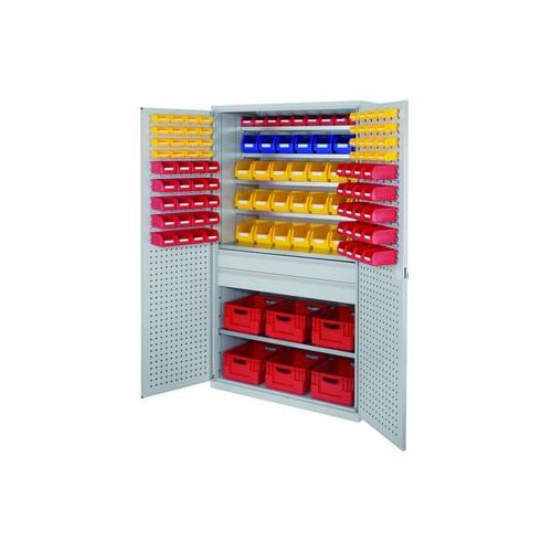 Armoire grande capacité Rasterplan - bacs Norme Europe, tiroirs au milieu, H1950xL1130xP590mm, 6 tablettes, 38 bacs à bec, 6 bacs_0