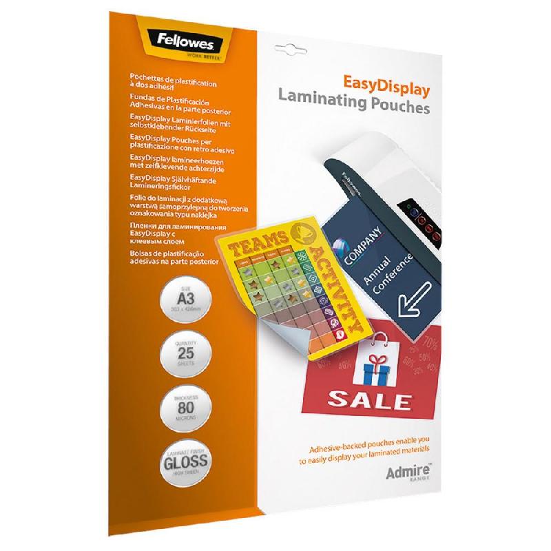POCHETTES DE PLASTIFICATION FELLOWES ADMIRE A3 DOS ADHESIF - EPAISSEUR : 80 MICRONS PAR FACE - PAQUET DE 25