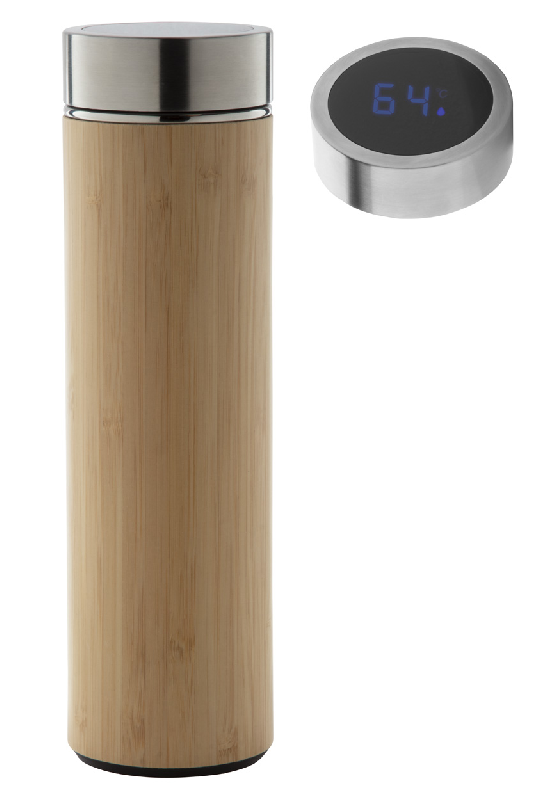 Thermos avec thermomètre tactile LED - double paroi en inox et bambou - 500 ml avec infuseur à thé_0