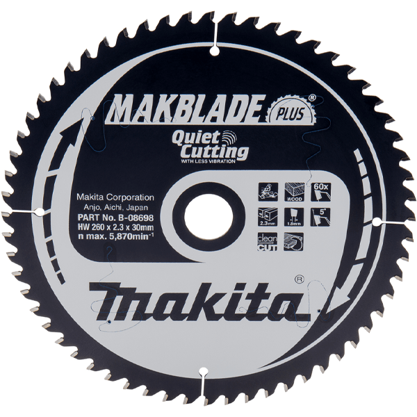 LAME SCIE CIRCULAIRE BOIS MAKBLADE PLUS MAKITA DIAMÈTRE 260 MM ALÉSAGE 30 MM 60 DENTS