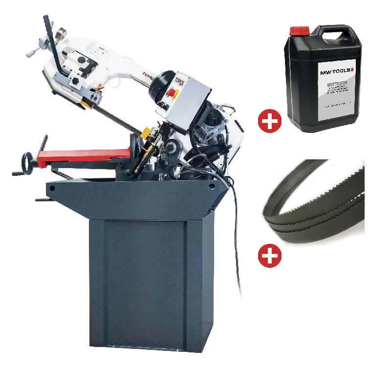 Scie à ruban pour métaux 0-60° capacité de coupe ronde 225 mm 1,5 kW 400V 2 vitesses avec 5 lames de scie et 5L d'huile de refroidissement Torros SC280G PACK 1_0