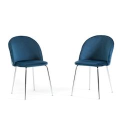 RATTATAN Lot de 2 chaises en velours avec pieds en métal, design élégant pour cuisine, salle à manger, bar ou restaurant – Sara – Bleu/Argent_0